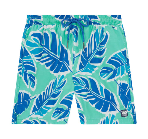 Blue and green leaf-patterned shorts on a white background