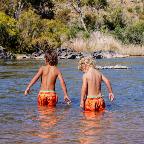 Boys' Orange & Red Lobster swim shorts, front view